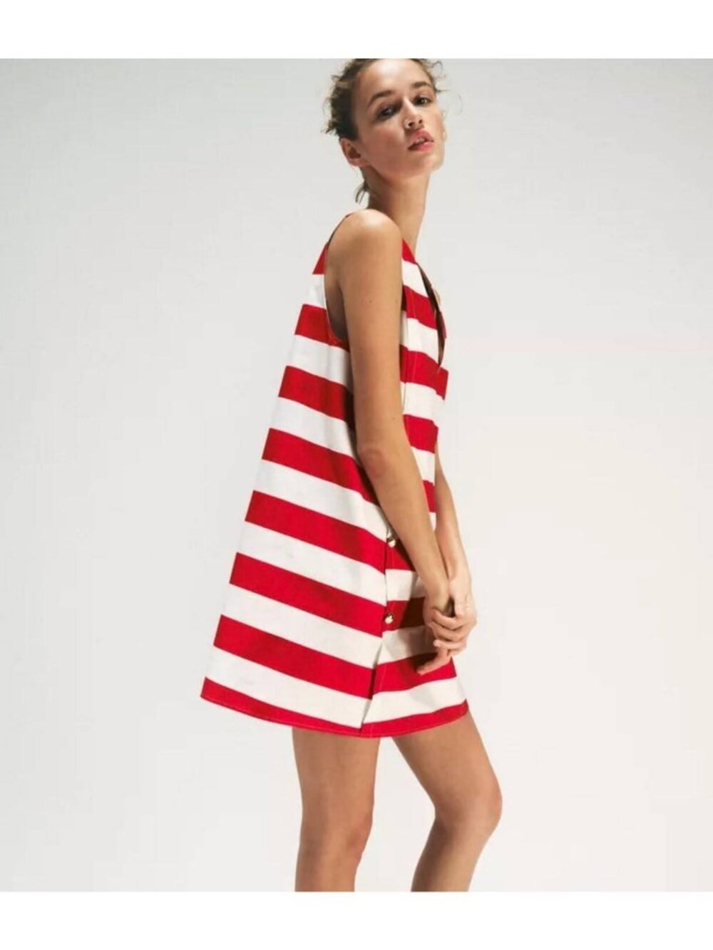 Zara Red White Striped Mini Dress Women Sz XS V-Neck Gold Buttons 3293/055 NWT